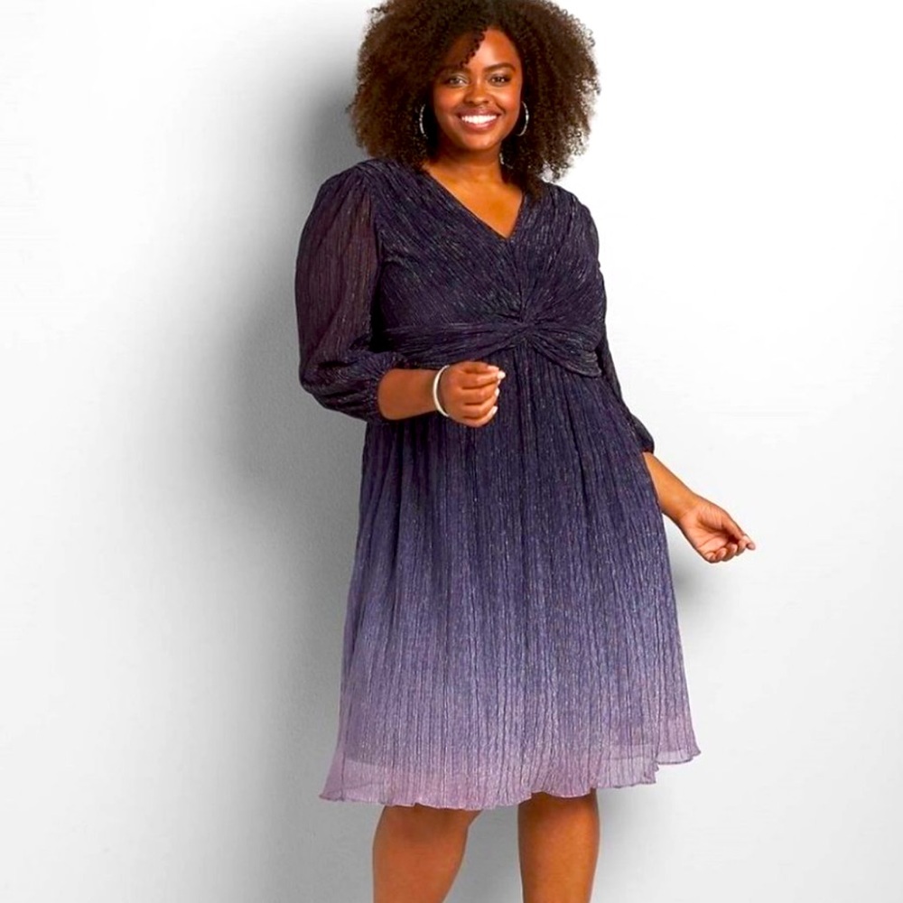 Lane Bryant Metallic Pleated Long Sleeve Dress Blue/Silver Size: 28